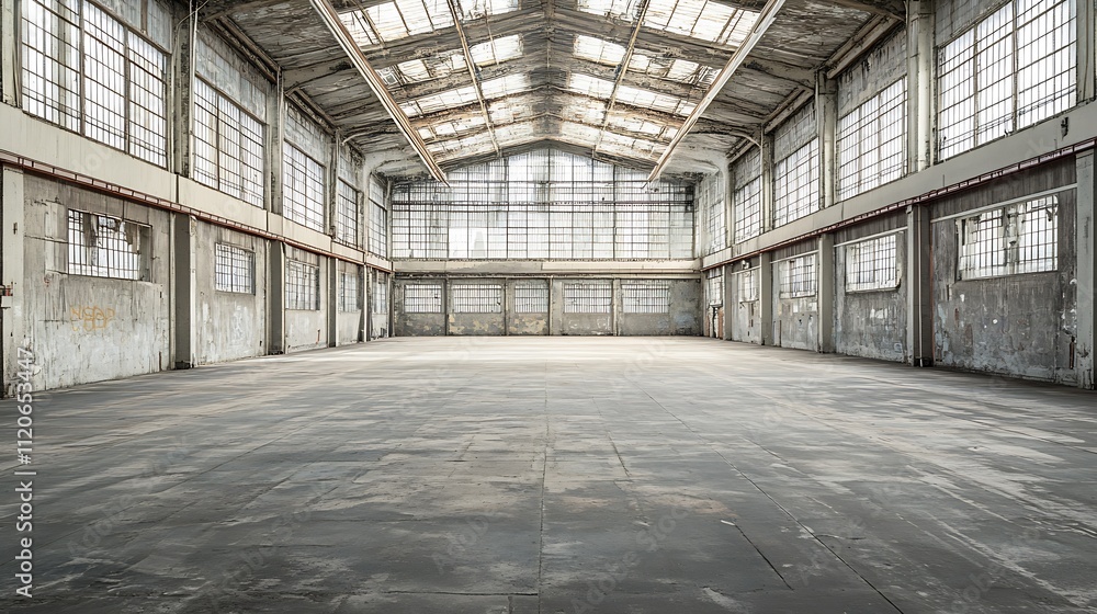 Poster spacious abandoned warehouse interior with open floor and large windows illuminated by daylight : ge