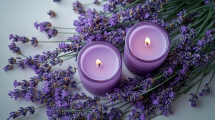 Serene flat lay of purple candles with lavender flowers in natural light