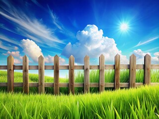 Fototapeta premium A peaceful outdoor scene showcases a wooden fence contrasting against a bright blue sky, surrounded by lush green grass, inviting calm and serenity to all.