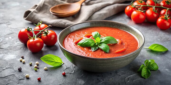 Traditional gaspacho in gray bowl. Summer tomato soup with basil, gaspacho, traditional, gray bowl, summer, tomato, soup