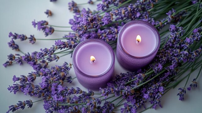Serene flat lay of purple candles with lavender flowers in natural light
