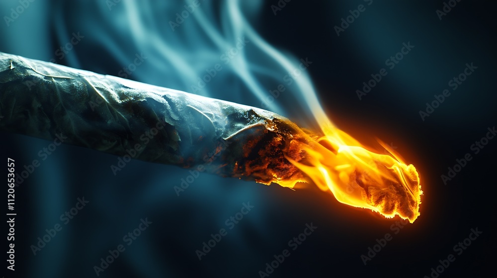 Poster closeup of a cigarette tip emitting smoke and flames in dark surroundings : generative ai