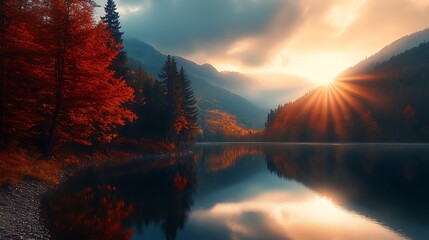 Idyllic Alpine Lake Sunset with Autumn Colors and Mountains Reflecting in Calm Waters : Generative AI