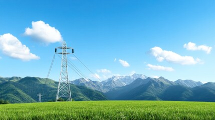 Power lines stretch across a green landscape with mountains.
