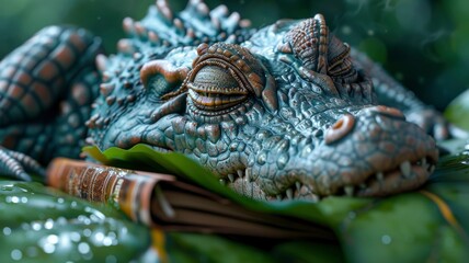 Fototapeta premium Sleepy Juvenile Alligator Dreaming on Lily Pad with Book