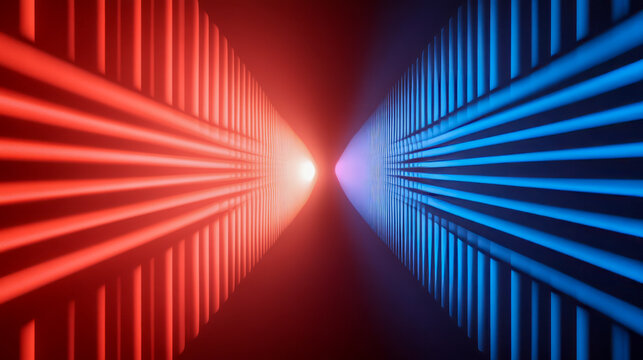 Abstract symmetrical light beams converging with red and blue neon glow effect