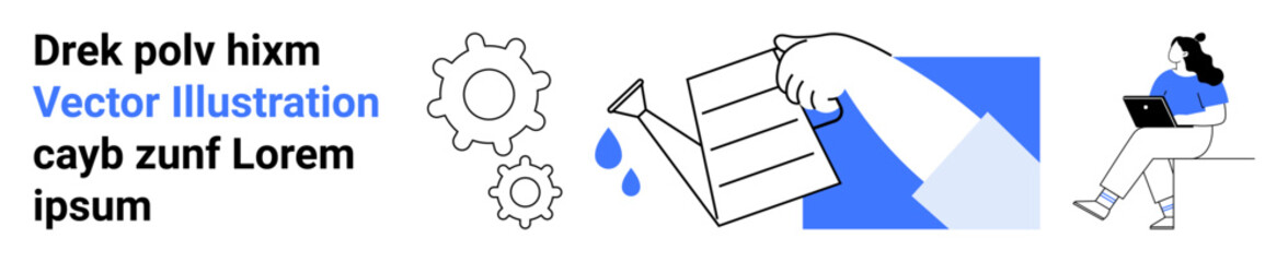 Hand holding documents near gears, droplets, and woman using a laptop. Ideal for workflow processes, technology, productivity, office tasks, document management, remote work, and ergonomic workspace