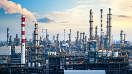 Fototapeta premium Expansive Petrochemical Industrial Refinery Complex at Sunset : Generative AI