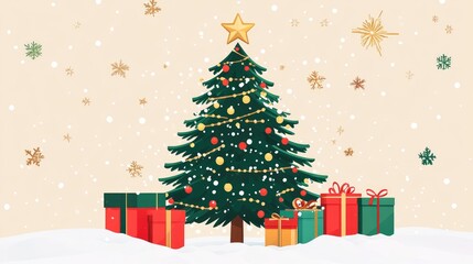 Obraz premium Christmas Tree and gifts flat design front view North Pole theme 3D 