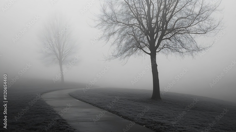 Poster path through foggy landscape with bare trees creating eerie ambiance : generative ai