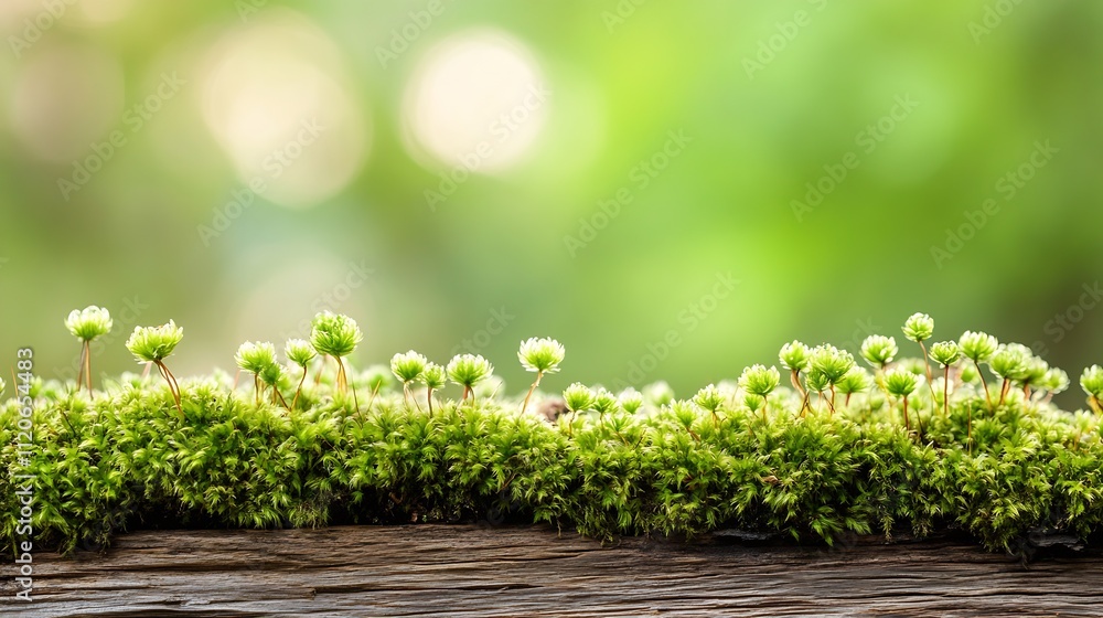 Poster lush green moss growing on wooden log with natural bokeh background : generative ai