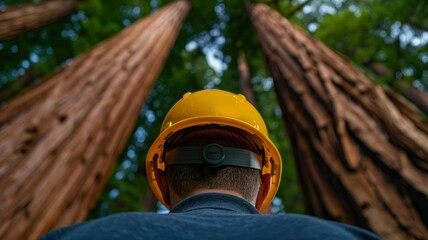 Lumberjack Admiring Redwood Giants in a Lush Forest