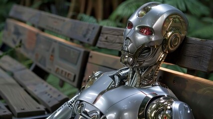 Futuristic Robot Resting on a Park Bench