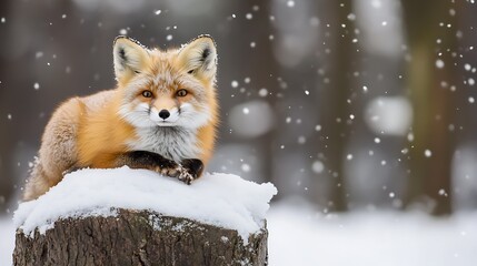 Fototapeta premium Regal Red Fox Resting on Snowy Stump Amidst a Winter Forest Backdrop : Generative AI