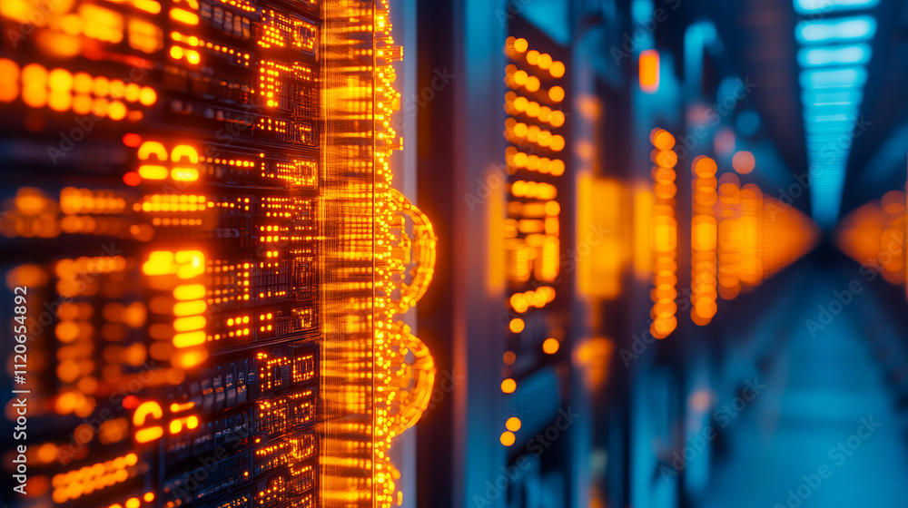 Poster glowing orange data center servers illuminated for network efficiency and technology insight