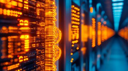 Glowing orange data center servers illuminated for network efficiency and technology insight