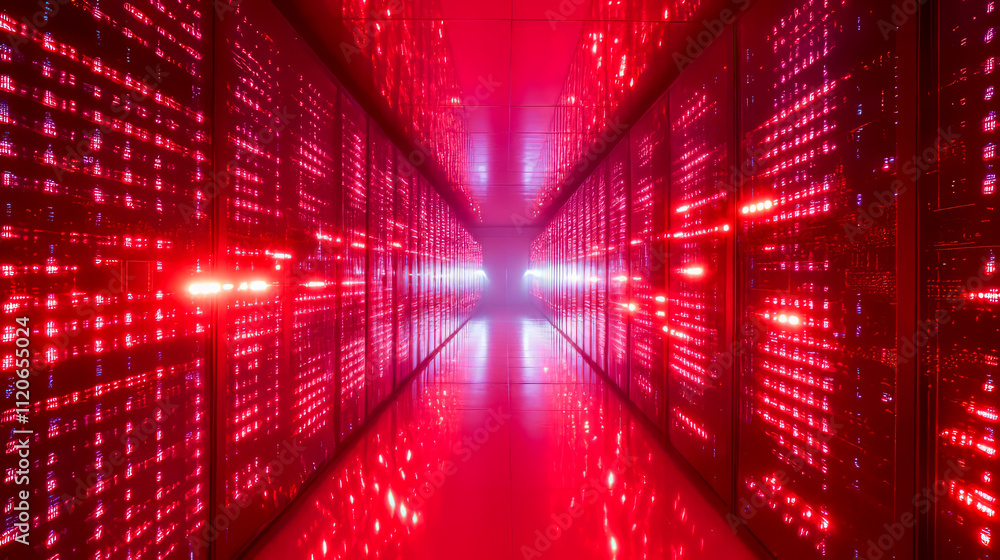 Poster futuristic red data center hallway with illuminated servers reflecting light