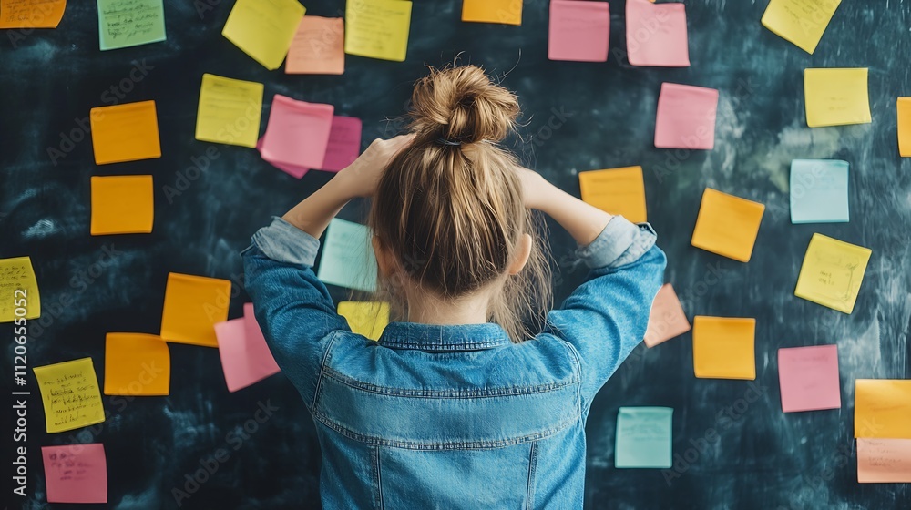 Poster Focused woman brainstorming ideas with colorful sticky notes on blackboard for creative project planning : Generative AI