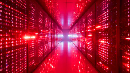 Futuristic red data center hallway with illuminated servers reflecting light