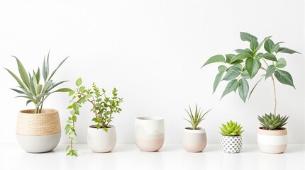 Fototapeta premium Minimalist arrangement of succulent and foliage houseplants in modern ceramic pots