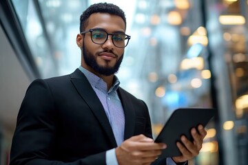 Businessman using digital devices in a modern corporate environment with a sleek design and contemporary lighting