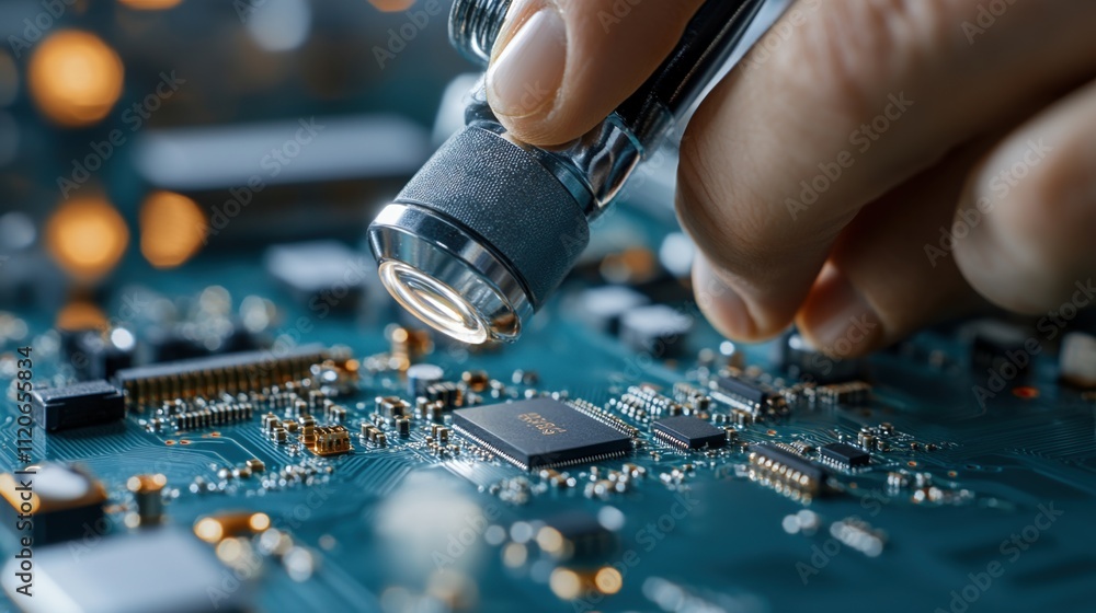 Poster soldering microchips on a circuit board in a high-tech factory in tokyo by an electronics technician