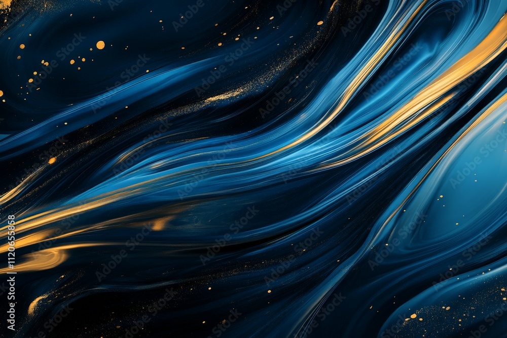 Poster abstract fluid art background with swirls of blue and gold, creating a dynamic look