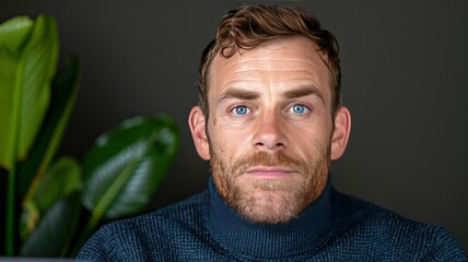 Portrait of a Handsome Man with Blue Eyes and a Short Brown Beard
