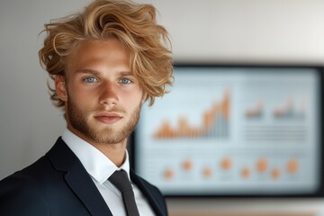 Young professional exudes confidence and ambition in a modern corporate boardroom while analyzing financial data