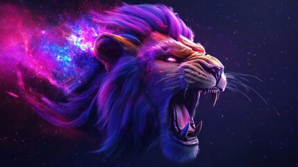 3D ultra realistic epic render of a colorful angry lion head with its mouth open roaring