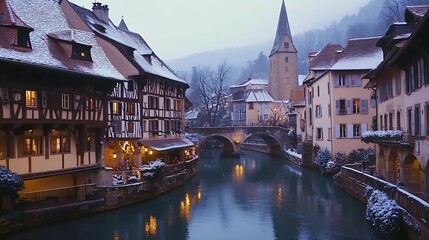 Fototapeta premium Quaint European Village in Winter with Snow and Historic Architecture : Generative AI