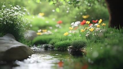 Fototapeta premium Idyllic Forest Stream with Blooming Wildflowers in Sunlit Woodland : Generative AI