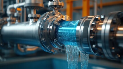 Flowmeter in water treatment facility displays vibrant blue water motion through transparent casing and intricate components in industrial setting