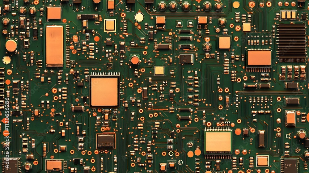 Fototapete orange and green circuit board closeup featuring integrated electronic components and complex patter