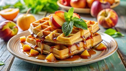 Artistic double exposure of waffles drizzled with syrup and garnished with fresh peaches, evoking a playful watercolor style that celebrates culinary creativity and breakfast bliss.