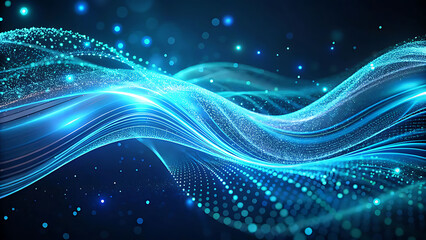 Digital Art of Flowing Wave Patterns Cyan Lines and Glowing Dots Creating Swirls on a Deep Blue Surface with Neon Glow and Dynamic Fluid Motion in HD Quality