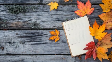 Obraz premium Rustic Autumn Scene with Notebook and Colorful Leaves on Wooden Background : Generative AI