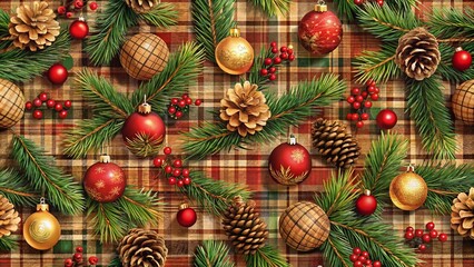 A rustic, seamless Christmas pattern featuring plaid textures, pinecones, and wooden ornaments, perfect for creating a cozy winter decor that captures holiday warmth and charm.
