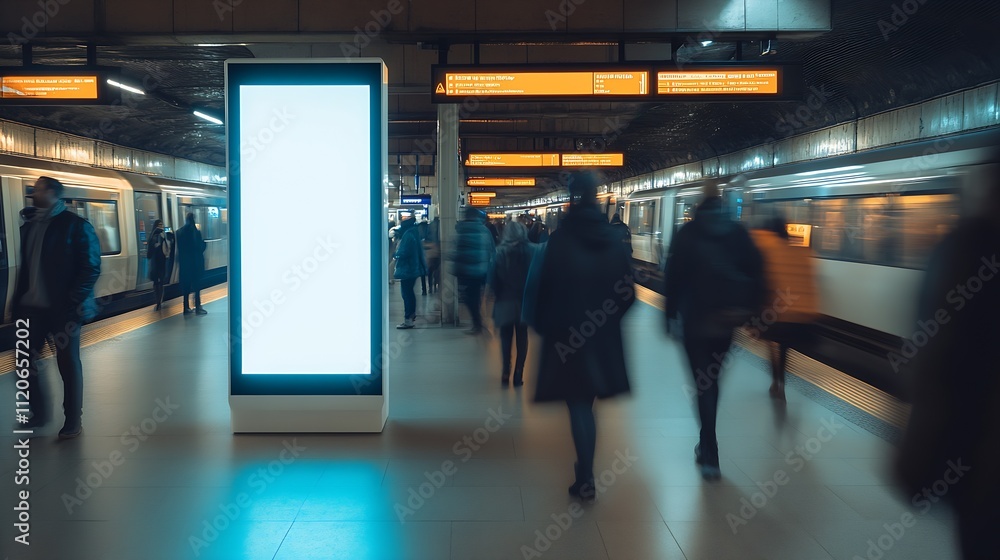 Poster nighttime subway platform with digital billboard and blurry passengers in motion : generative ai