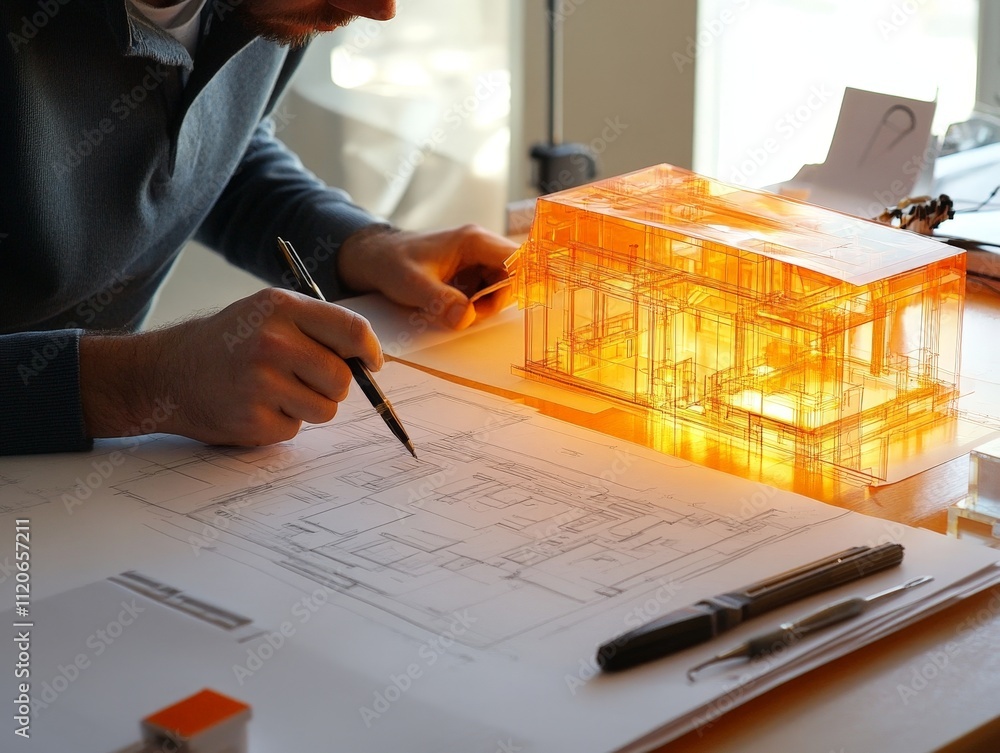 Poster architect sketching blueprints, with tools and scale models on the table