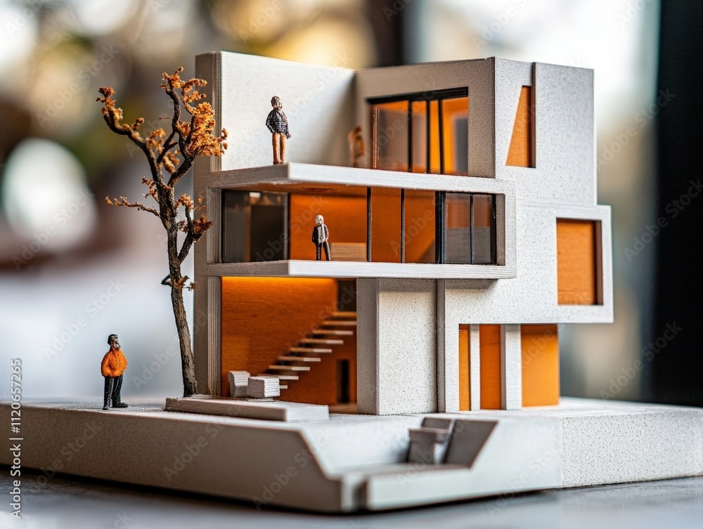 Poster architectural model with 3d printed components and miniature figures