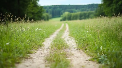 Fototapeta premium Charming Country Dirt Road Through Lush Green Field in Summer Countryside : Generative AI