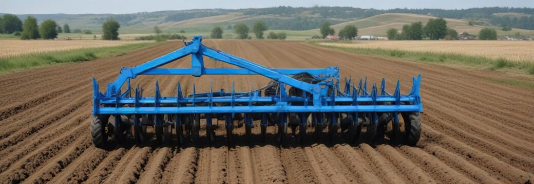 Large blue disc harrow for plowing and cultivating in the countryside, large disc harrow, agriculture, rural landscape