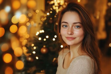 Fototapeta premium Bright and Cheerful Young Woman Smiling Amidst Christmas Lights