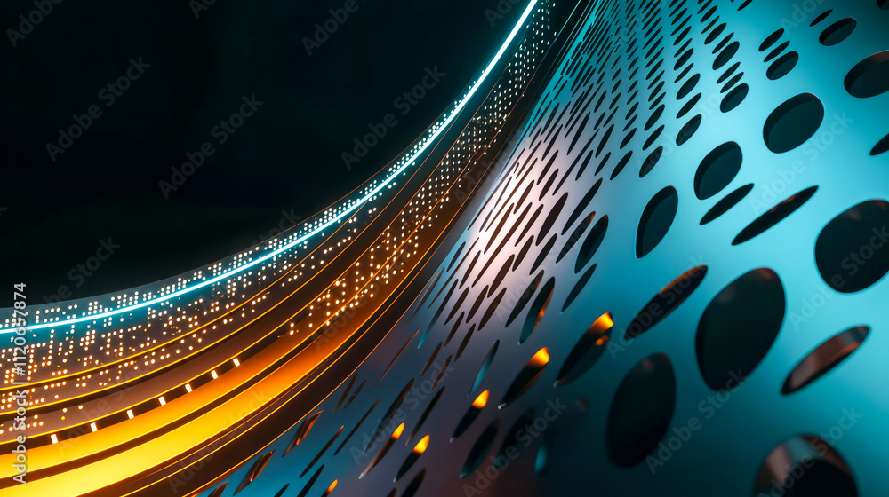 Poster abstract metal surface with circular patterns and neon lights
