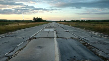 Sunset View Over an Endless Weathered Open Road with Grass Fields on Each Side : Generative AI
