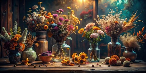 Fototapeta premium A serene dried flower arrangement graces the tabletop, illuminated by soft light, creating a cozy atmosphere complemented by a charming rustic aesthetic.