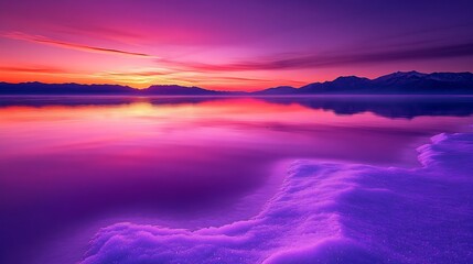 Obraz premium Mesmerizing Purple and Pink Sunset Over Calm Lake with Mountains : Generative AI