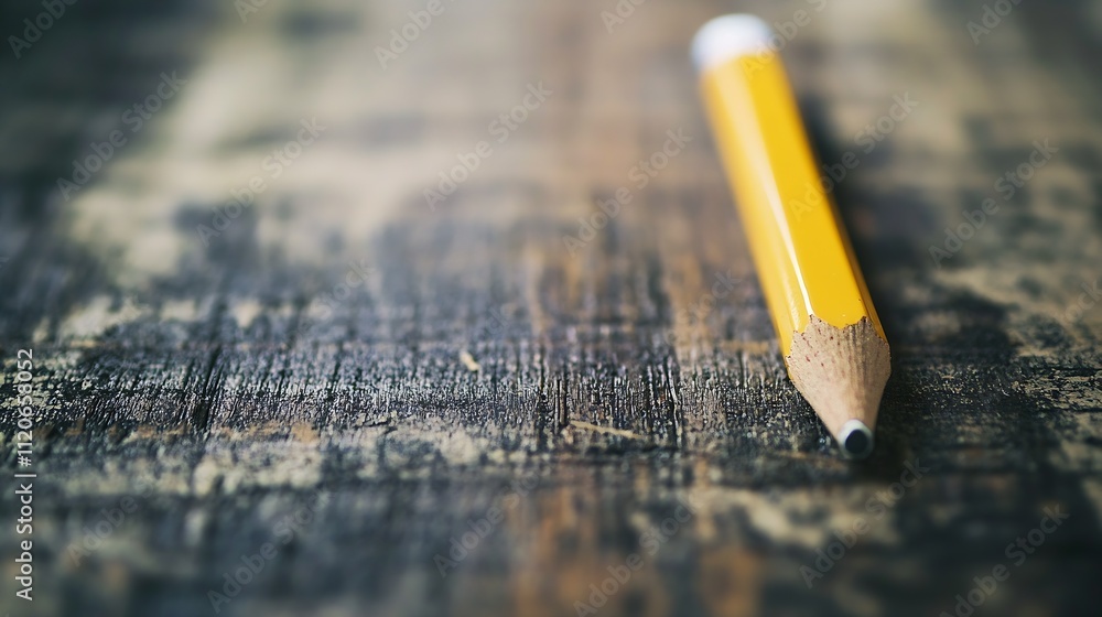 Poster closeup of a sharpened yellow pencil on rustic wooden desk creating ideas and creativity : generativ