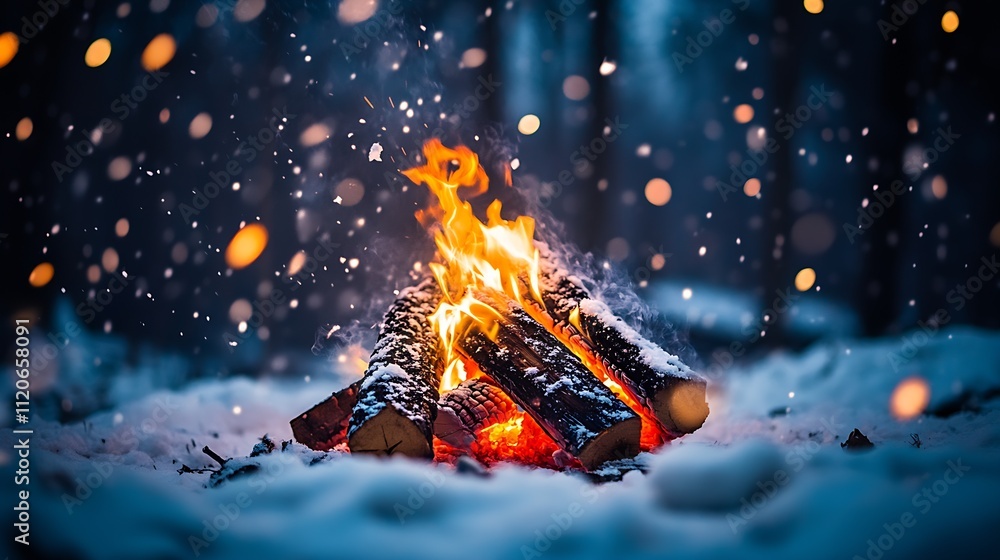Poster rustic forest campfire surrounded by snow in tranquil winter setting : generative ai